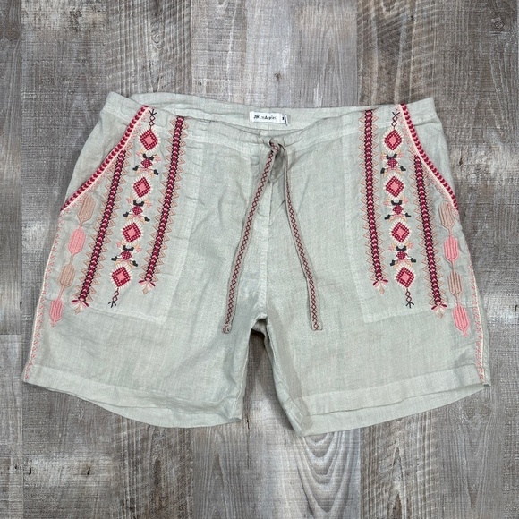 Johnny Was Sentrie Gray Print Drawstring Linen Shorts w Embroidery Women Medium - Picture 2 of 12